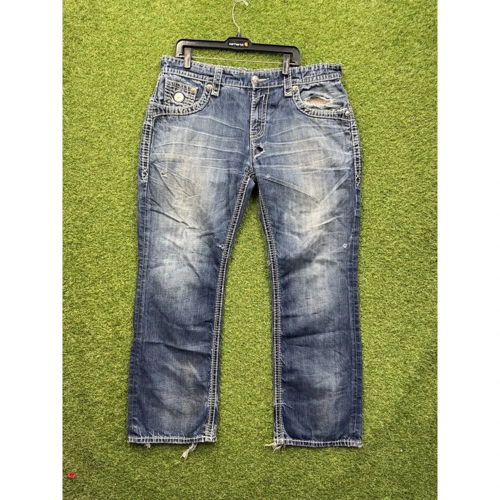 Rock Revival Jeans Mens 38 Caesar Relaxed Straight Fit Distressed Grunge Punk